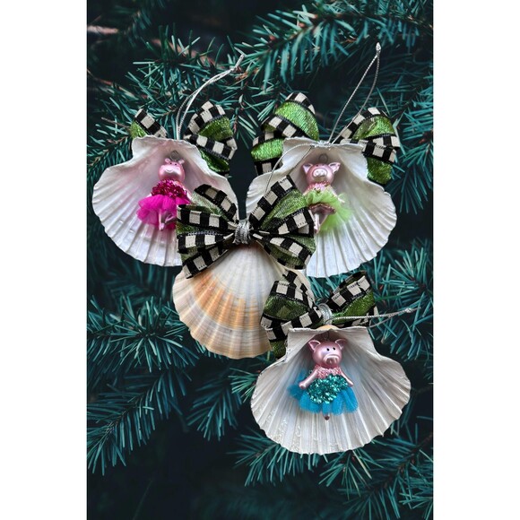 Handmade Seashell Christmas Ornaments – Pig & Hippo Ballerinas, Set of 4 - Picture 5 of 5